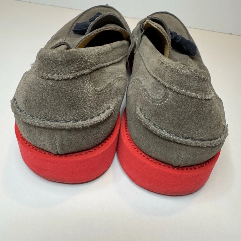 Thomas Dean Taupe Suede Loafers with Vibrant Red Soles Size 9